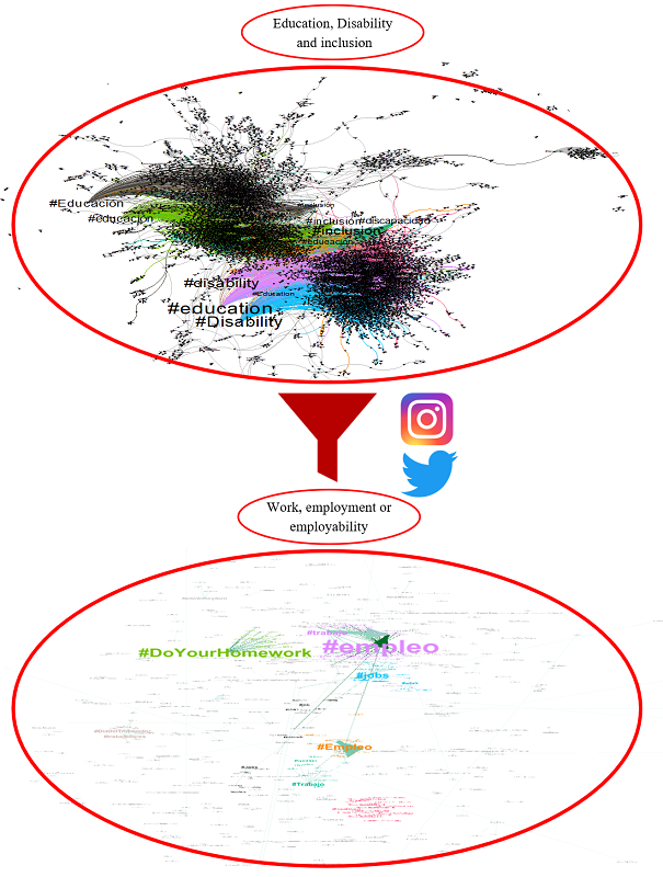 Hashtag graphs on Instagram and Twitter in Spanish and English with the  keywords education, disability and inclusion, filtered again by work,  employment or employability