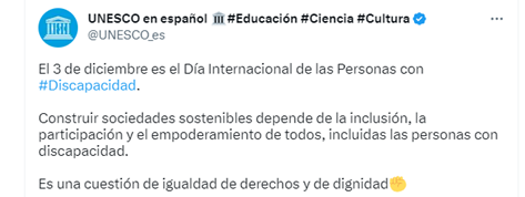 Tuit del 3 de diciembre del 2022 de la UNESCO en español