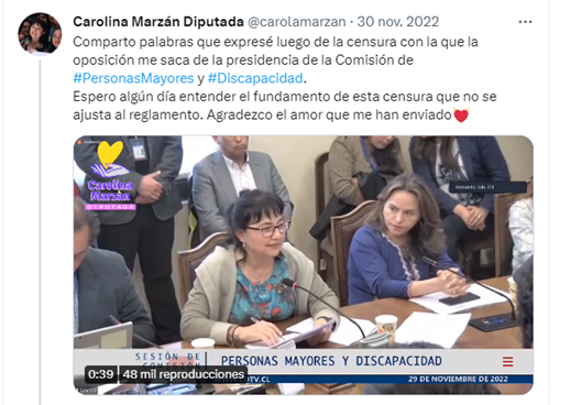 Tuit de la diputada chilena Carolina Marzán